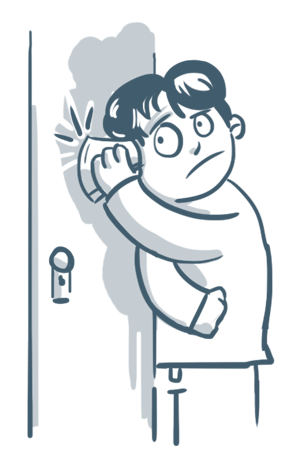 illustration of a man holding a cup to a door